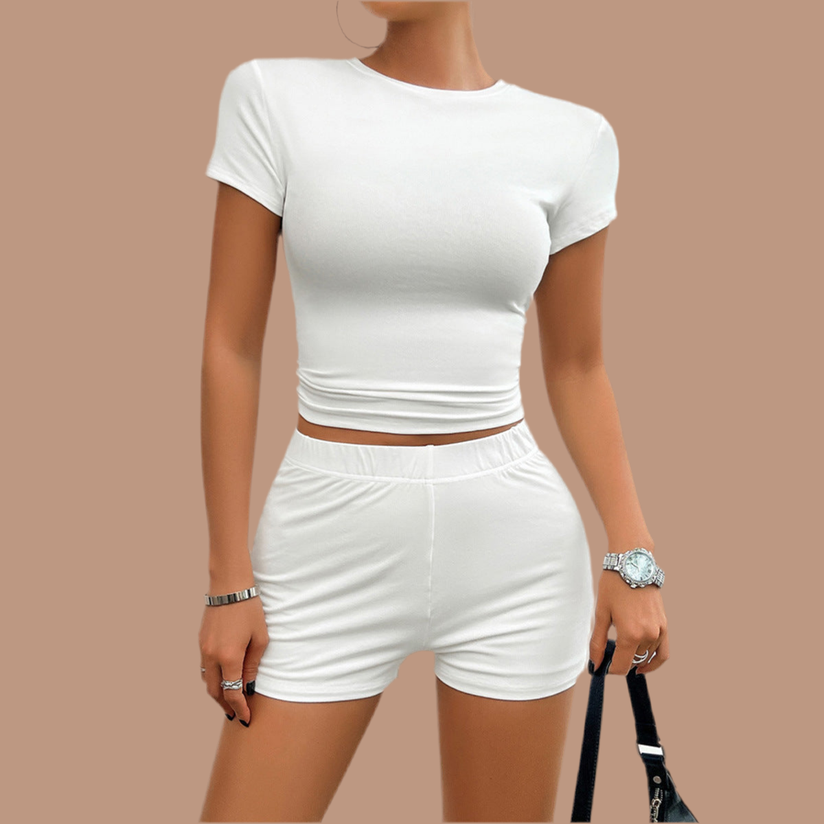 Solid Color Slim Sports Suit Summer 2Pcs Short-sleeved Round Neck T-shirt And Elastic Shorts Fashion Womens Clothing