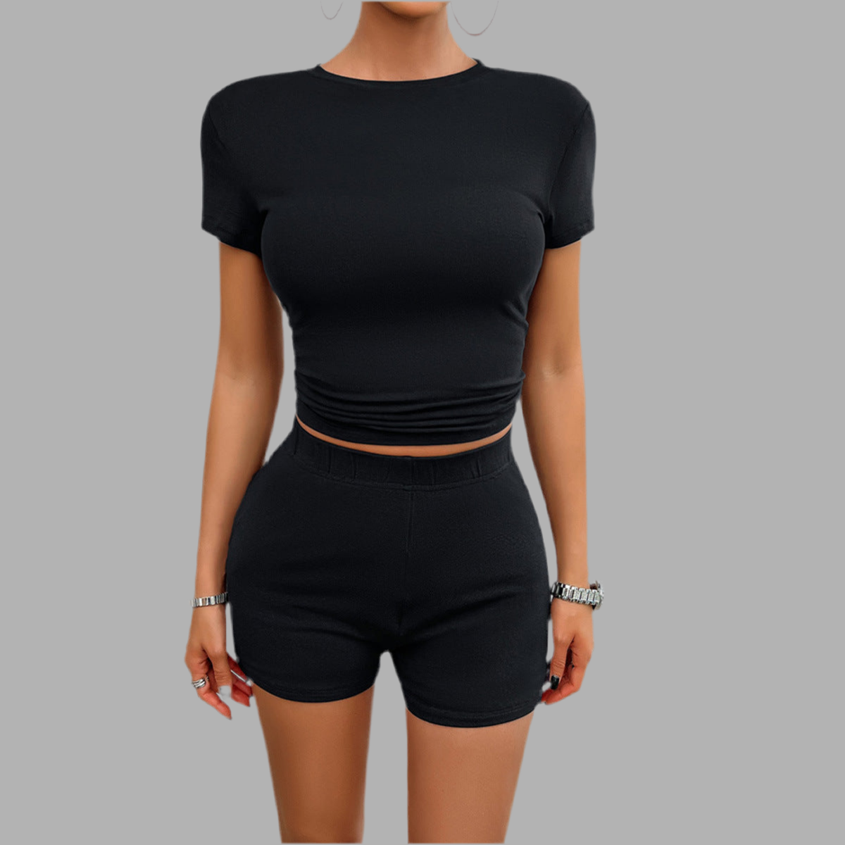 Solid Color Slim Sports Suit Summer 2Pcs Short-sleeved Round Neck T-shirt And Elastic Shorts Fashion Womens Clothing