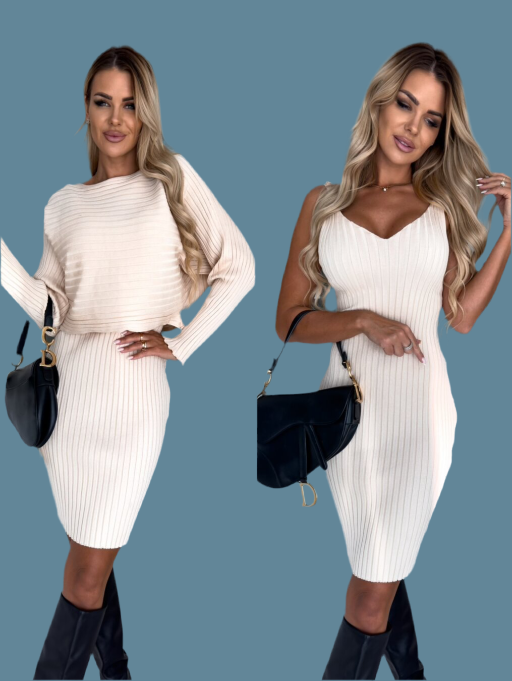 "The She Savvy Sculpt: Curves Redefined in Luxurious Fit" 2pcs Suit Women's Solid Stripe Long-sleeved Top And Tight Suspender Skirt Fashion Autumn Winter Slim Clothing.