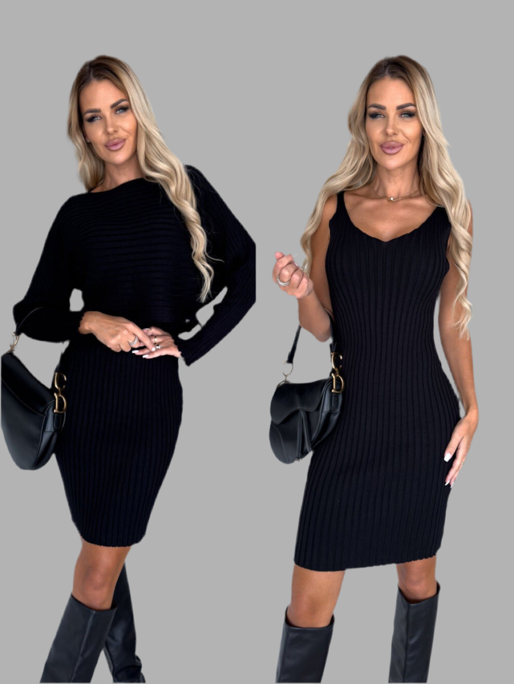 "The She Savvy Sculpt: Curves Redefined in Luxurious Fit" 2pcs Suit Women's Solid Stripe Long-sleeved Top And Tight Suspender Skirt Fashion Autumn Winter Slim Clothing.