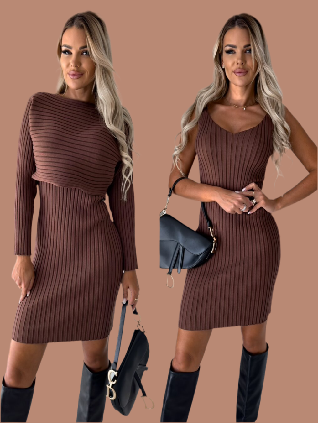 "The She Savvy Sculpt: Curves Redefined in Luxurious Fit" 2pcs Suit Women's Solid Stripe Long-sleeved Top And Tight Suspender Skirt Fashion Autumn Winter Slim Clothing.