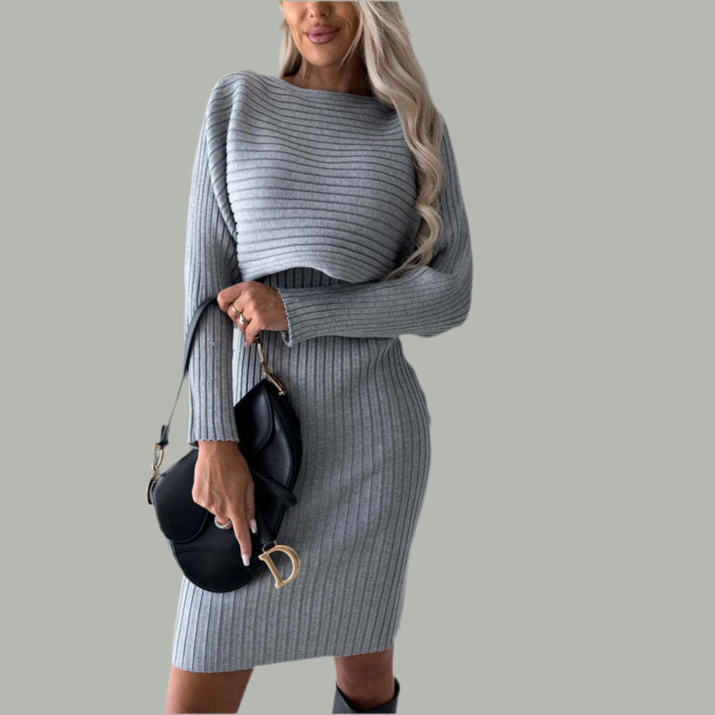 "The She Savvy Sculpt: Curves Redefined in Luxurious Fit" 2pcs Suit Women's Solid Stripe Long-sleeved Top And Tight Suspender Skirt Fashion Autumn Winter Slim Clothing.