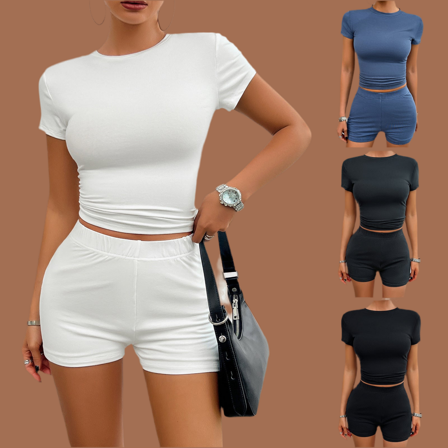 Solid Color Slim Sports Suit Summer 2Pcs Short-sleeved Round Neck T-shirt And Elastic Shorts Fashion Womens Clothing