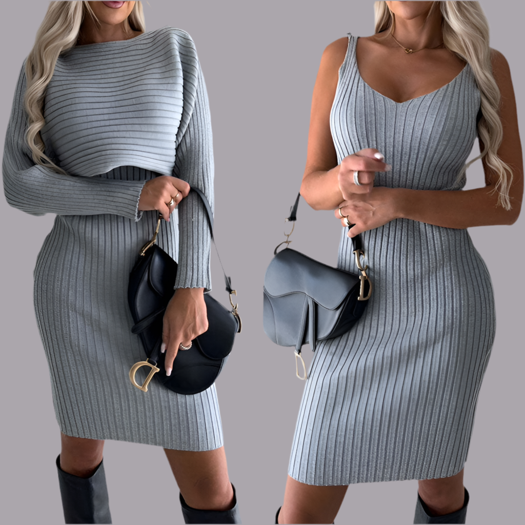 "The She Savvy Sculpt: Curves Redefined in Luxurious Fit" 2pcs Suit Women's Solid Stripe Long-sleeved Top And Tight Suspender Skirt Fashion Autumn Winter Slim Clothing.