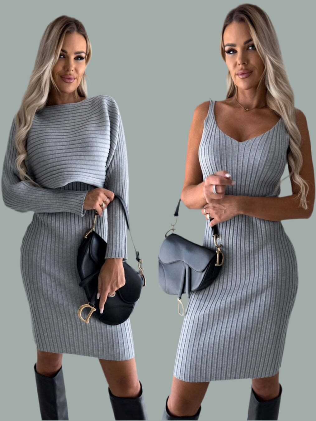 "The She Savvy Sculpt: Curves Redefined in Luxurious Fit" 2pcs Suit Women's Solid Stripe Long-sleeved Top And Tight Suspender Skirt Fashion Autumn Winter Slim Clothing.